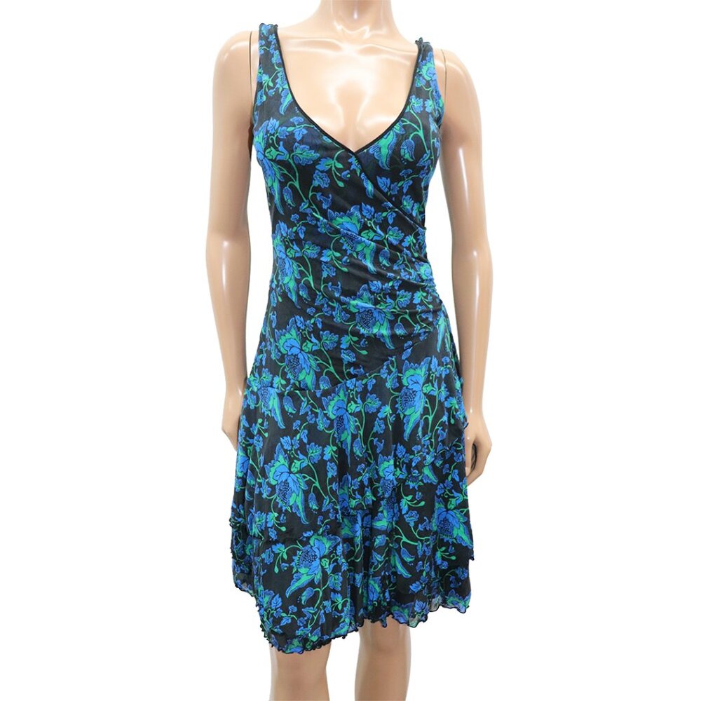 Y2K Blue Floral Mesh Mini Dress Ruched S-M - Picture 2 of 6